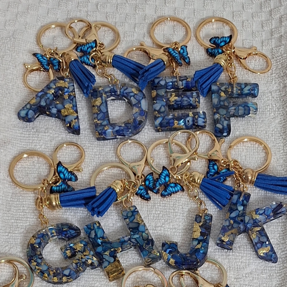 Choose 1 Sequins Alpha Keychain Blue/Silver 🦋 Tassels/Gold Chips ✨️PRICE FIRM✨️ - Picture 1 of 7